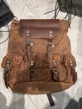 Men Waxed Canvas Leather Backpack Travel Rucksack Camping Hiking School Book Bag